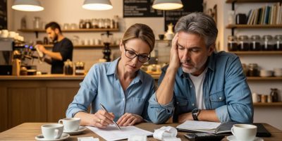 Café owners reviewing declining revenue before adopting digital marketing services.