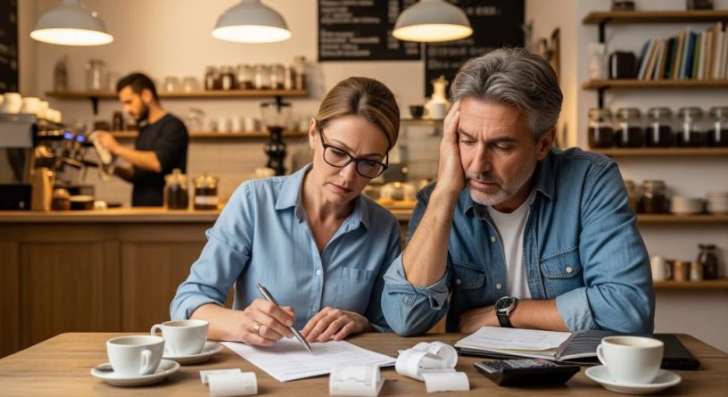 Café owners reviewing declining revenue before adopting digital marketing services.