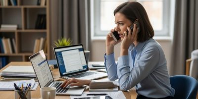 Small business owner overwhelmed by disjointed marketing tasks before adopting affordable digital marketing services.